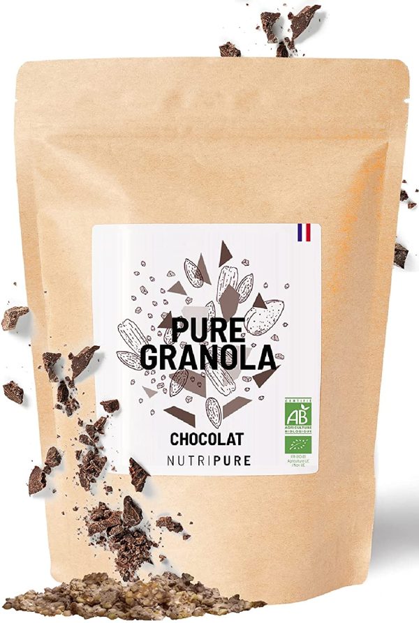 Pure Granola Bio ??Pépites de chocolat noir ??Artisanal ??Riche en protéines et fibres ??Muesli Vegan, cru, sans conservateur, sans gluten ni sucre ajouté ??350g ??NUTRIPURE