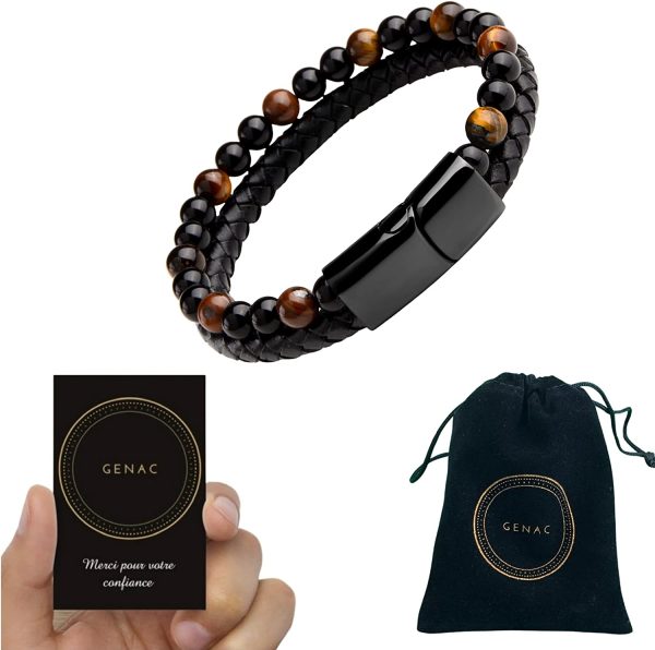 GENAC Bracelet Original Pour Homme En Perles De Pierres Naturelles 6mm Et Cuir Véritable De Haute Qualité Avec Fermoir Magnétique Amovible En Acier Inoxydable Pour Régler Facilement La Longueur – Image 5