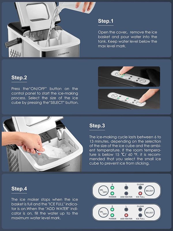 Cozeemax Machine à glaçons en acier inoxydable 12 kg - 2 tailles de glaçons - 6 minutes de temps de production - Sans BPA – Image 5