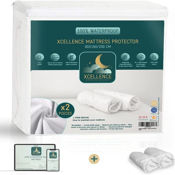 Lot de 2 Protege Matelas 90x190 / 200 cm - Alese Enfant Impermeable Silencieuse - Respirante - 100% Bambou - Hauteur 35-30cm - Naturellement Anti Acarien et Anti Bacterien - Forme Drap Housse -Bonus – Image 4