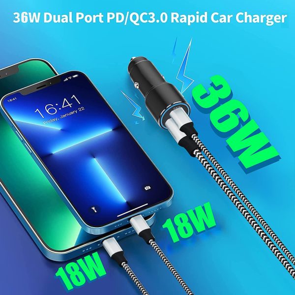 Chargeur Voiture USB C PD &QC 3.0 pour Iphone 11 12/13 Pro/12 Pro Max/12 Mini/Se 2020 XR XS X 8 7/8 Plus,XS Max,Chargeur Auto Allume Cigare Rapide 36W Power Delivery/Quick Charge 3.0+1M Cable USB C – Image 6