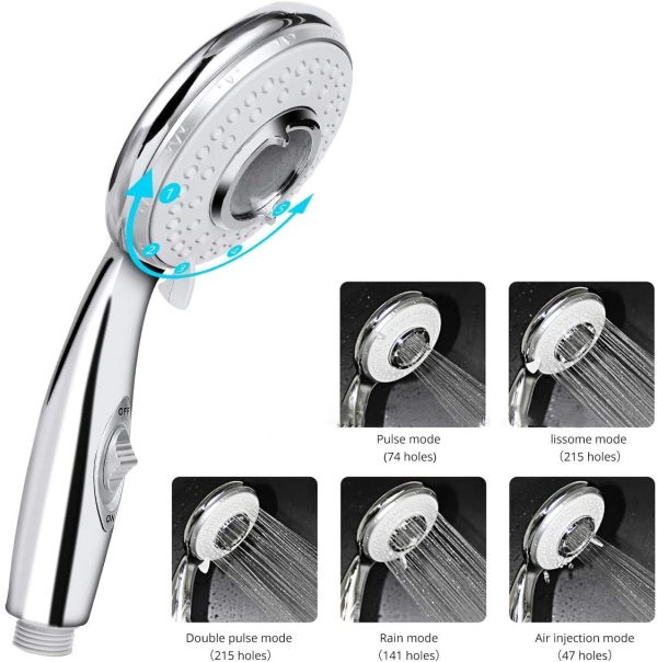 Pommeau Douche + 2 M Tuyau de Douche Flexible,  Pommeau de Douche avec Tuyau, 5 Modes Economiseur d'eau et bouton de l'interrupteur, Haute Pression Douchette Pommeau Acier Inoxydable – Image 2