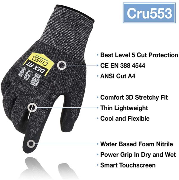 DEX FIT Gants de Travail Cru553 Résistants aux Coupures Niveau 5, Adaptation 3D Confortable Extensible, Agrippants Nitrile Durable, Smart Touch, Fins Légers, Lavables,1 Paire – Image 6