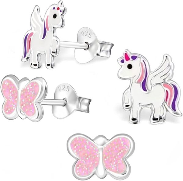 GH1a - Set de 2 paires de boucles d'oreilles à tige - Licorne et papillon brillant - Argent 925 véritable - Boucles d’oreilles d’enfants pour fille, rose, violet, blanc. – Image 2