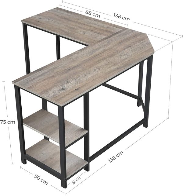 Bureau d’Angle, Table Informatique en Forme de L, Bureau Gamer, avec Étagère de Rangement, Gain de Place, Montage Facile, Style Industriel, Grège et Noir LWD72MB – Image 6