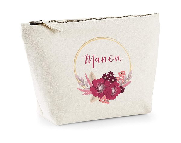 C21 Trousse personnalisée en coton BIO motif floral"Couronne Fleurs Roses", trousse personnalisable, trousse cadeau maman, cadeau prénom femme – Image 4