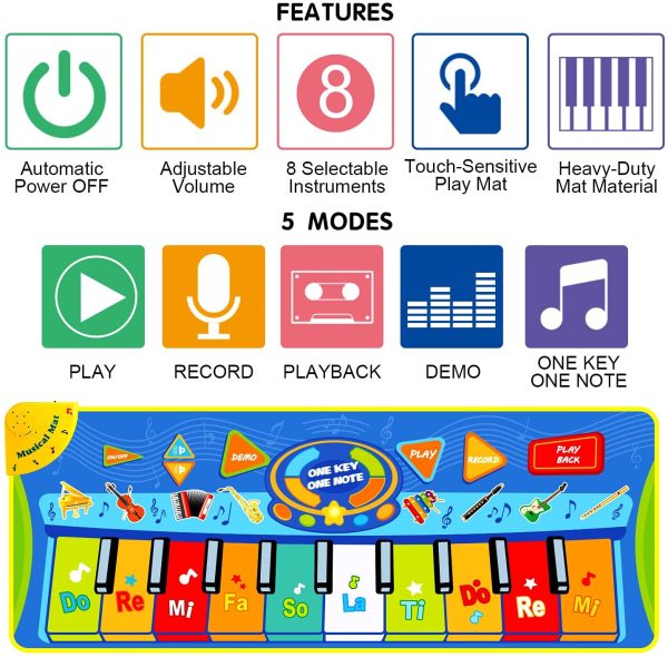 BelleStyle Tapis Musical, Tapis Piano Enfant, Tapis de Danse Tapis de Jeu Musical, 8 Sons D'instruments Jeux Musicaux, Jouets Éducatifs pour Bébé Enfant 1 2 3 4 5 6 Ans Garçons Filles - 130*48cm – Image 7