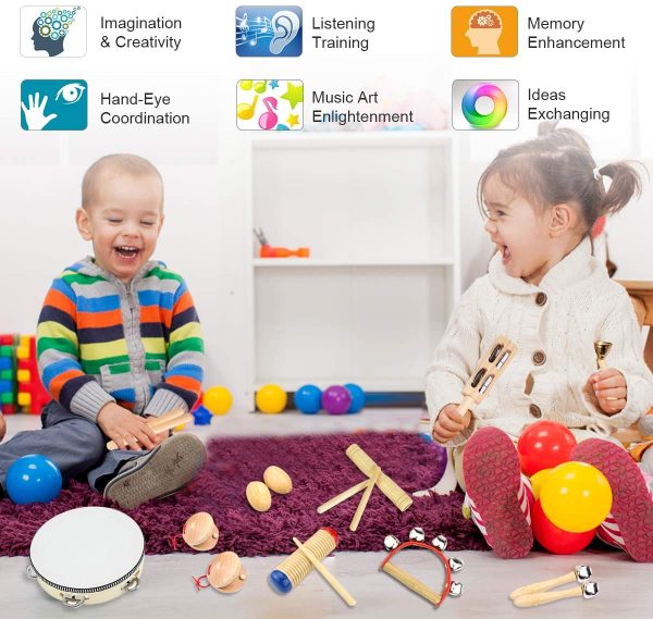 Ulifeme Instrument de Musique Enfant, 23 Pièces Instrument Musique Bois pour Bebe, Ensemble de Jouets 100% Bois Pur, Kit Rythmique de Percussion Premium, Cadeau pour Bébé, Rangement de Sac en Coton – Image 9