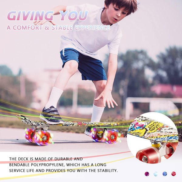 Colmanda Skateboard Complet, Mini Cruiser Board, 22" 55 cm Skateboard Planche à roulettes avec 4 Roues en PU Lumières LED, Roulement ABEC-7, Mini Cruiser Rétro pour Enfants, Garçons, Filles – Image 2