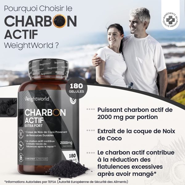 Charbon Actif Végétal de Coco 100% Naturel Extra Fort 2000 mg par Portion - 180 Gélules Vegan, Sans Additifs, 333mg par Gélule - Testé par Agrolab - Charbon Végétal de Poudre de Coque de Noix de Coco – Image 2