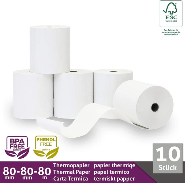 Rouleaux thermiques 80mm x 80m x 12mm ??Bobine papier thermique pour caisse enregistreuse avec imprimante de ticket - Rouleau thermique 80x80x12 - Sans BPA (10 Rouleaux) – Image 7