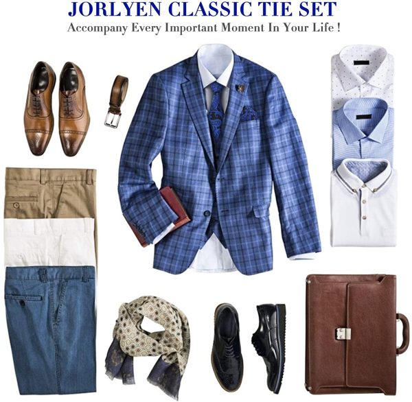 Jorlyen Homme Cravate - Ensemble Cravate en Soie avec Pince à Cravate Argent, Boutons de Manchette et Pochette ??Coffret Cadeau-Plusieurs Ensembles