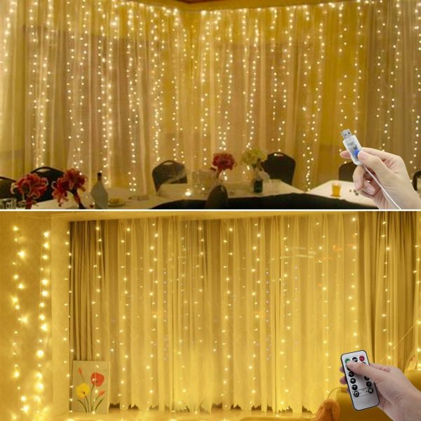 Rideau Lumineux - 300 LED 3M*3M Guirlande Lumineuse Rideau 8 Modes Etanche USB & Télécommande Rideau de Lumiere Interieur Exterieur Decoration pour Chambre Noël Mariage Fenêtre – Image 5