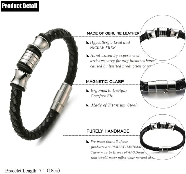 HALUKAKAH Enfants ??Solo Junior ??Garçon Bracelet en Cuir Véritable de Main Noir 6-12 Ans Perles d'argent Titane Acier Fermoir Magnétique 7"/18cm avec Le Boîte-Cadeau Gratuit – Image 5