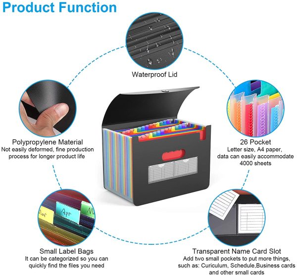 Trieur Document 26 Compartiments Classeur Accordéon A4 avec Couvercle/Trieur à Soufflets Classeur Rangement,Organiseur Documents Extensible Accordéon avec 3 Onglets de A-Z Couleur Alphabet – Image 2
