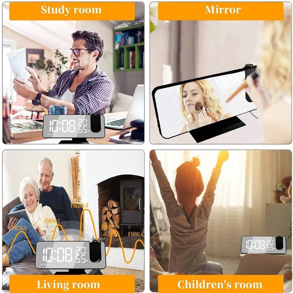 Reveil Projecteur avec Radio, Horloge Numérique, Radio Reveil USB avec Double Alarme et Écran Miroir LED de 7, Snooze, 4 Niveaux de Luminosité, 12/24h, 15 Volume, La Maison, Le Bureau – Image 3