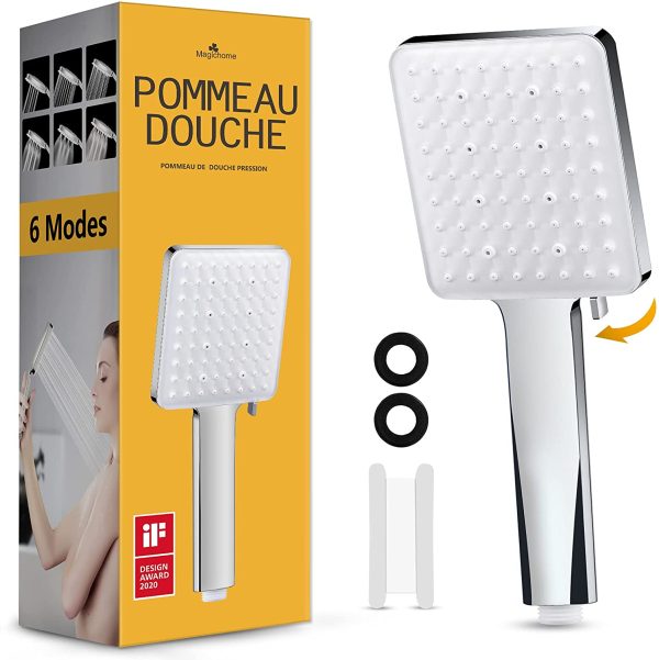 Pommeau de Douche,  Pommeau Douche Haute Pression Carré Pomme de Douche Puissante de Remplacement Réglable Universelle, Douchette Douche Salle de Bain 6 Modes, Chromés