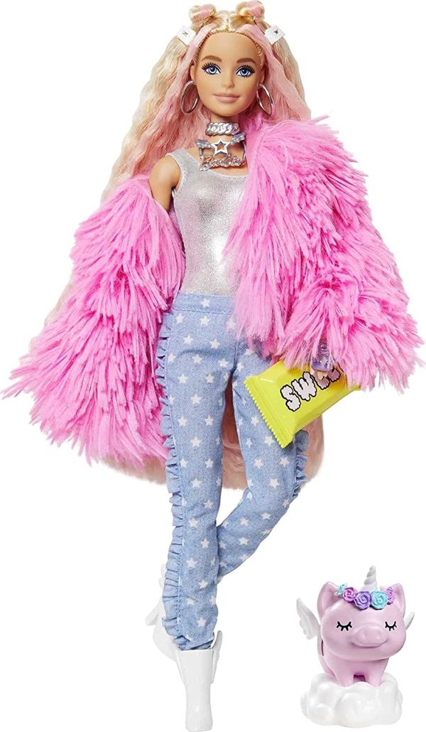 Barbie Extra poupée articulée blonde au look tendance et oversize, avec figurine animale et accessoires, jouet pour enfant, GRN28