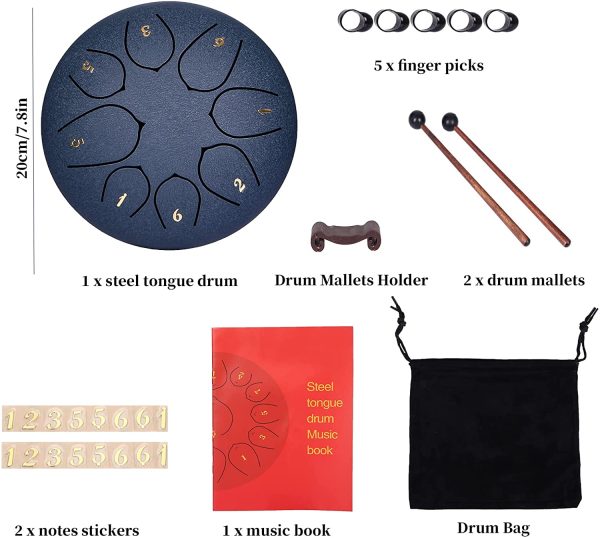 Tambour Handpan 6 Pouces Steel Tongue Drums à 8 Tons Tongue Drum Tambour à langue d'acier avec Baguettes,Sac,Couvre Doigt Instrument de Percussion Pan Drum pour léducation Musicale Mind Healing Yoga – Image 3