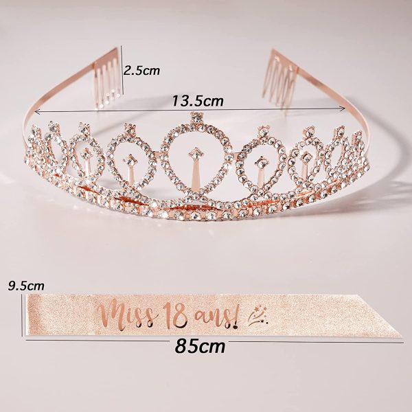 Écharpe Rose Miss 18/20/30/40 ans Fille C'est mon Anniversaire et Tiara Diadème Couronne Anniversaire Princesse en Strass Faux Cristal Birthday Décoration Accessoire Cadeau pour Anniversaire Fête