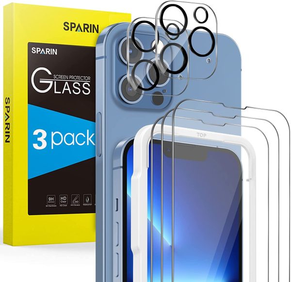 SPARIN 3+2 Pièces Verre Trempé Compatible avec iPhone 13 Pro, 3 Protecteurs d'écran et 2 Pièces Caméra Protection écran, Vitre Protecteur avec Outil D'alignement Facile, 9H dureté, sans Bulles – Image 6