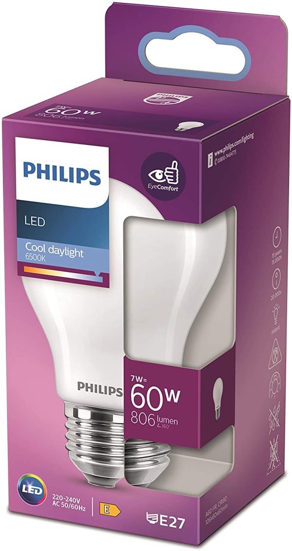 Philips ampoule LED Standard E27 60W Blanc très froid, Dépolie, verre