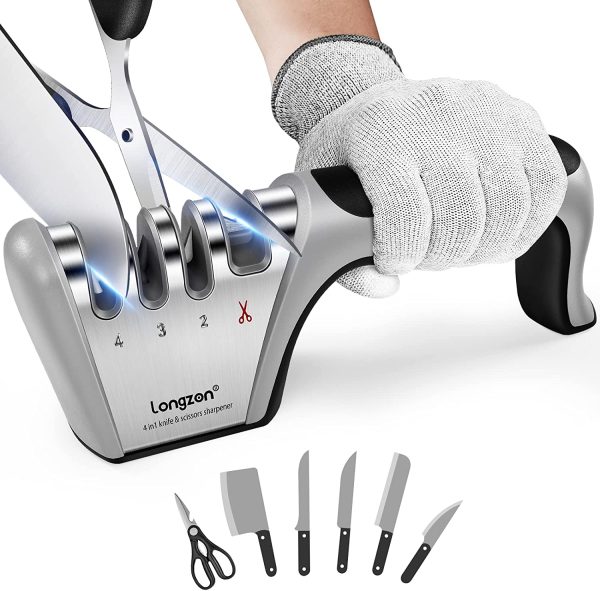 longzon Aiguiseur Couteaux, 4 en 1 Affuteur Couteau Professionnel avec Une Paire de Gants Anti-Coupure, eguiseur de Couteau pour Ciseaux et Couteaux de Cuisine de Différentes Tailles – Image 3