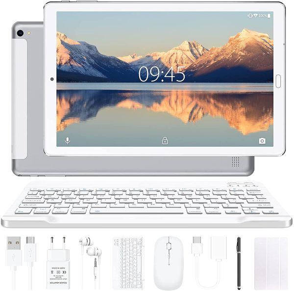 Tablette 10 Pouces  Android 10 Tablettes avec 4 Go de RAM + 64 Go de ROM - WiFi | Bluetooth | GPS, 8000 mAH, avec Souris | Clavier et Couverture - Argent