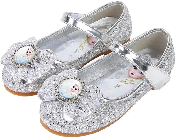 Eleasica Fille Talons Plats Chaussures de Princesse Reine des Neiges Elsa Anna Paillettes Déguisement Violet Argenté Bleu Rose Doux Halloween Noël Anniversaire Carnaval Cosplay 15-23cm EU22-36