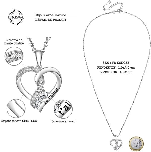 ENGSWA Collier Personnalisable Femme Argent 925 avec Gravure Pendentif Cœur Cadeau Amoureux Mère Maman Grand-Mère Fille – Image 2