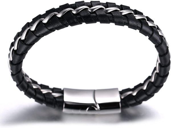 HALUKAKAH Enfants ??Solo Junior ??Garçon Bracelet en Cuir Véritable de Main Noir 6-12 Ans Chaîne Argent Titane Acier Fermoir Magnétique 7"/18cm avec Le Boîte-Cadeau Gratuit – Image 3