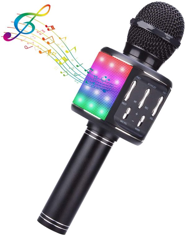 ShinePick Microphone Sans Fil Karaoké, Microphone Bluetooth Machine à Karaoké Accueil Lecteur KTV avec Lumières Dansantes, Sons Magiques, Cadeau Enfants pour Android/iOS (Noir)