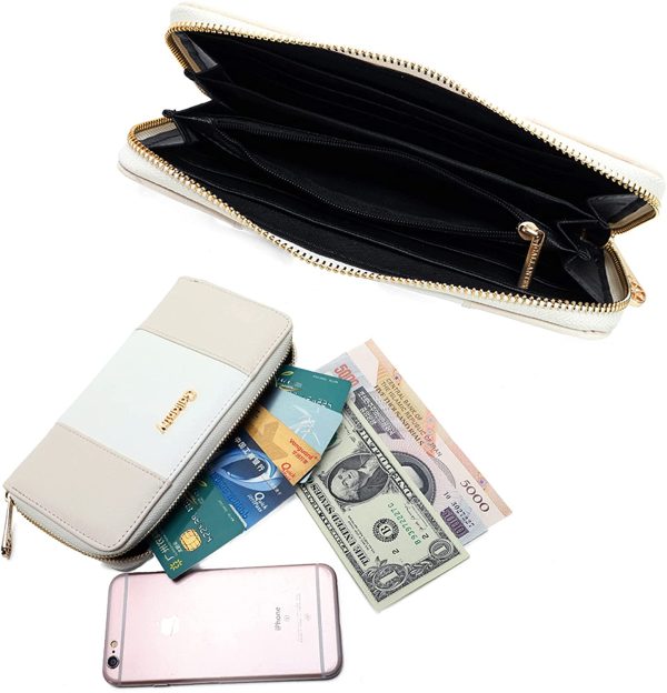 Gallantry - Portefeuille Femme Tout-en-Un Rayures Bicolore - Wallet Long Porte-Cartes Monnaies Format Enveloppe 3 Volets - Compagnon Bandes Grande Capacité Similicuir - Chic Tendance - Beige Blanc