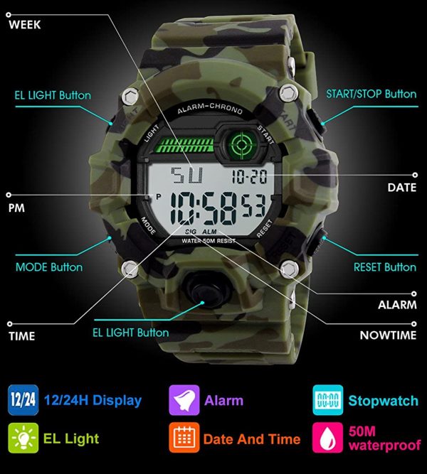 Enfants numériques Montres, Montre Militaire de Sports de garçons avec l'alarme/minuterie, étanche à 5 Barres pour Enfants Adolescents Camouflage électronique Montre Bracelet pour garçons par BHGWR