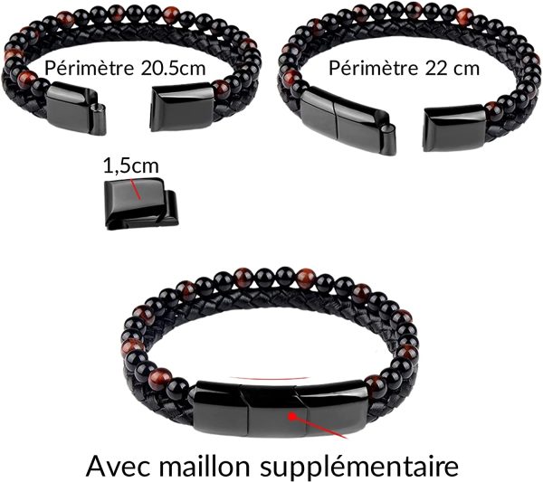 GENAC Bracelet Original Pour Homme En Perles De Pierres Naturelles 6mm Et Cuir Véritable De Haute Qualité Avec Fermoir Magnétique Amovible En Acier Inoxydable Pour Régler Facilement La Longueur – Image 3