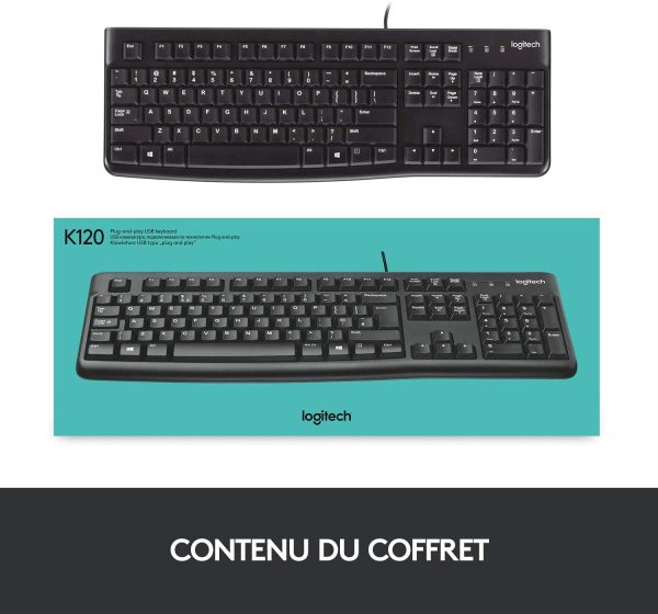 K120 Clavier filaire Business Windows, Plug-and-Play USB, Touches Silencieuses Ultra-Plates, Taille Standard, Etanche, Barre d’Espacement Incurvée, Clavier AZERTY Français - Noir