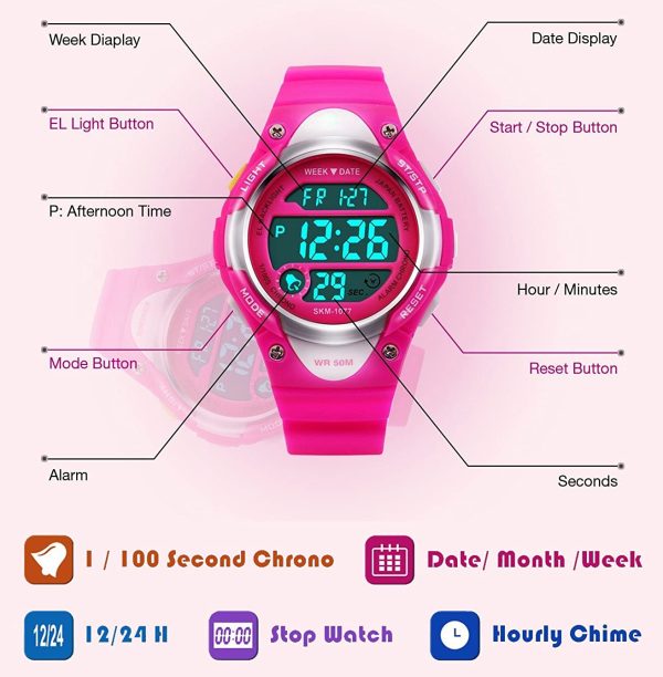 Digital montres pour filles cadeaux ??Enfants Sports de plein air montre avec rétro-éclairage LED, 5 ATM étanche montre de sport électroniques pour enfants avec semaine pour adolescents Rose par RSVOM