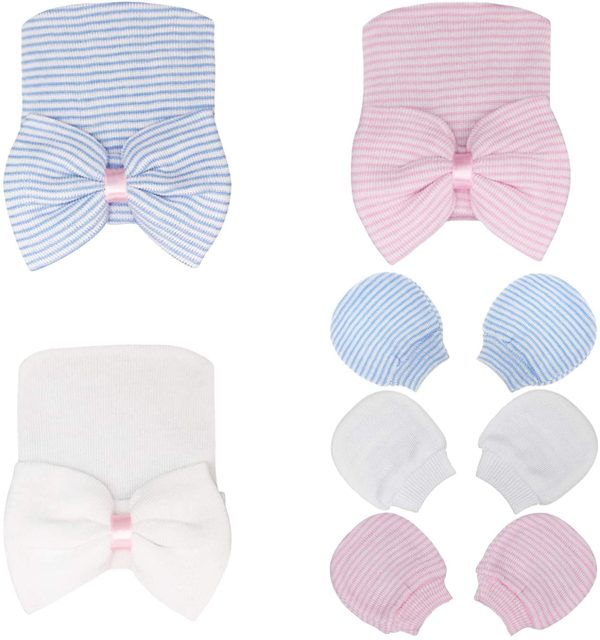 DRESHOW Bonnets de Naissance et Moufles de Protection Coton - 3 Pcs Bonnets Coordonnés et 3 Paires Mitaines Scratch de Protection Enfant Bébé Fille Garçon (0-3 Mois)