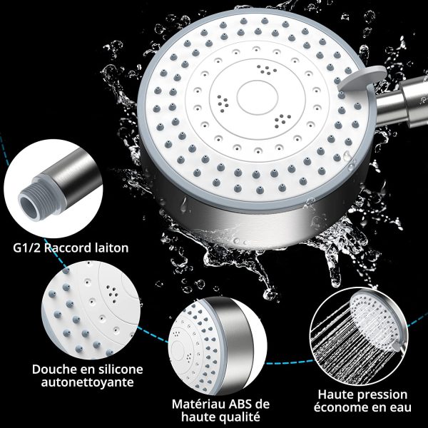 Pommeau de Douche, Pommeau Douche Economiseur D'eau avec Tuyau 2M Douchette Douche Aalle de Bain Economie d'Eau Haute Pression en Acier Inoxydable 304 Installation et Nettoyage Faciles – Image 4