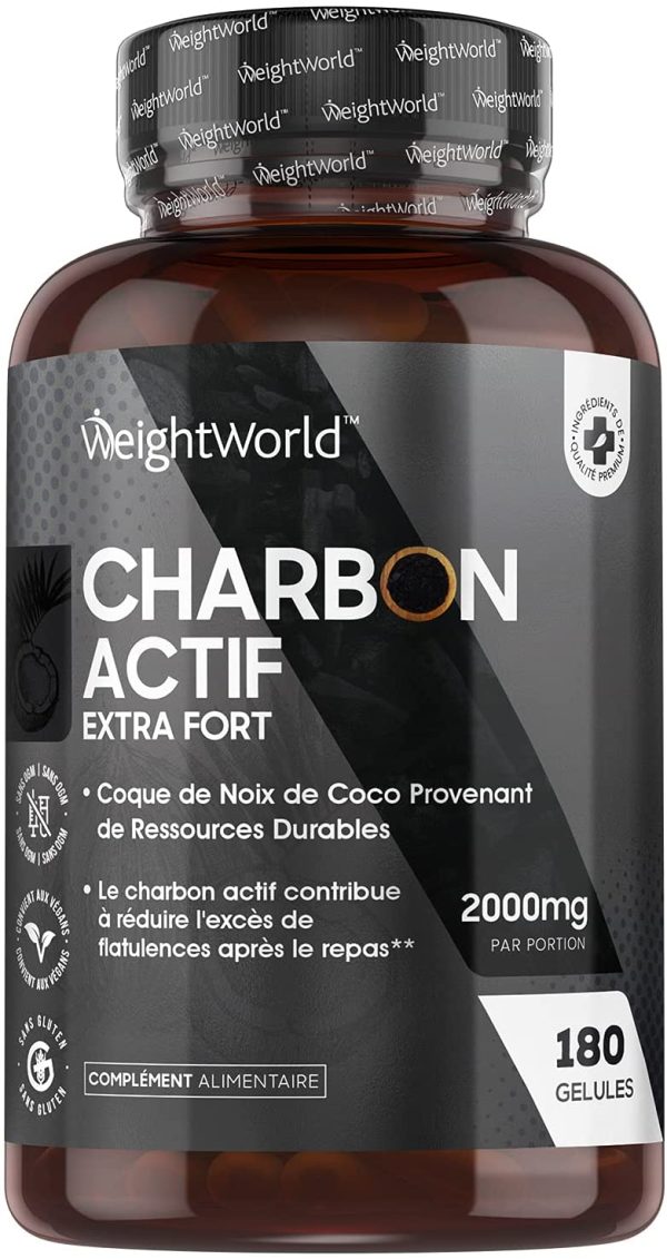 Charbon Actif Végétal de Coco 100% Naturel Extra Fort 2000 mg par Portion - 180 Gélules Vegan, Sans Additifs, 333mg par Gélule - Testé par Agrolab - Charbon Végétal de Poudre de Coque de Noix de Coco