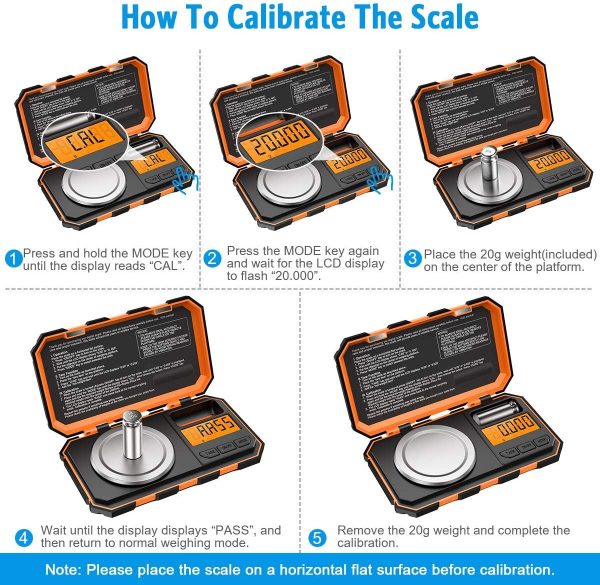 Balance de Précision, 20g/0.001g, 20g de Poids D'étalonnage et Pincettes Électrostatiques, Balance de Poche avec Écran LCD, avec Fonction de Tare, Acier Inoxydable (Batterie Incluse, Orange) – Image 5