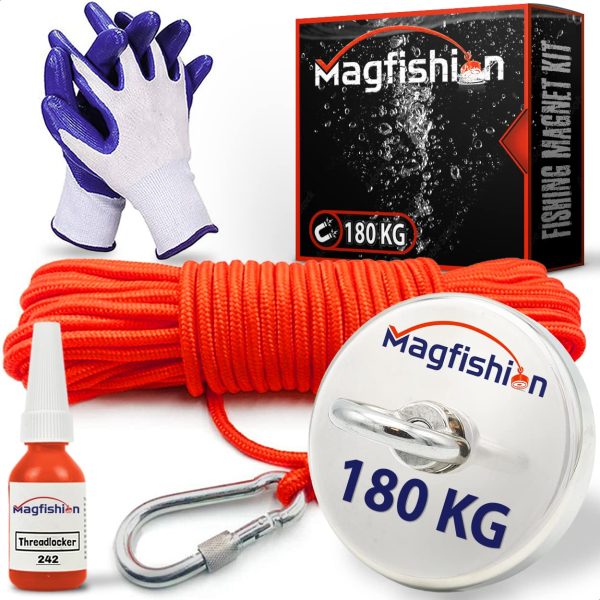 Magfishion - Aimant Neodyme Puissant - 180 kg ??Aimant de Pêche - Ø 60 mm - avec corde (20m) et Gants - Kit de pêche magnétique ??aimant à œil – Image 4