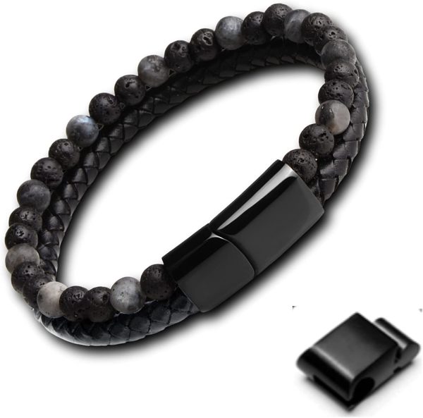 GENAC Bracelet Original Pour Homme En Perles De Pierres Naturelles 6mm Et Cuir Véritable De Haute Qualité Avec Fermoir Magnétique Amovible En Acier Inoxydable Pour Régler Facilement La Longueur – Image 2