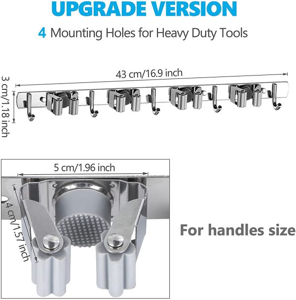 Accroche Porte Balai Mural en Acier Inoxydable, Support Cintre de Rangement pour Cuisine, Buanderie,Jardin Garage(4 Emplacements et 5 Crochets)