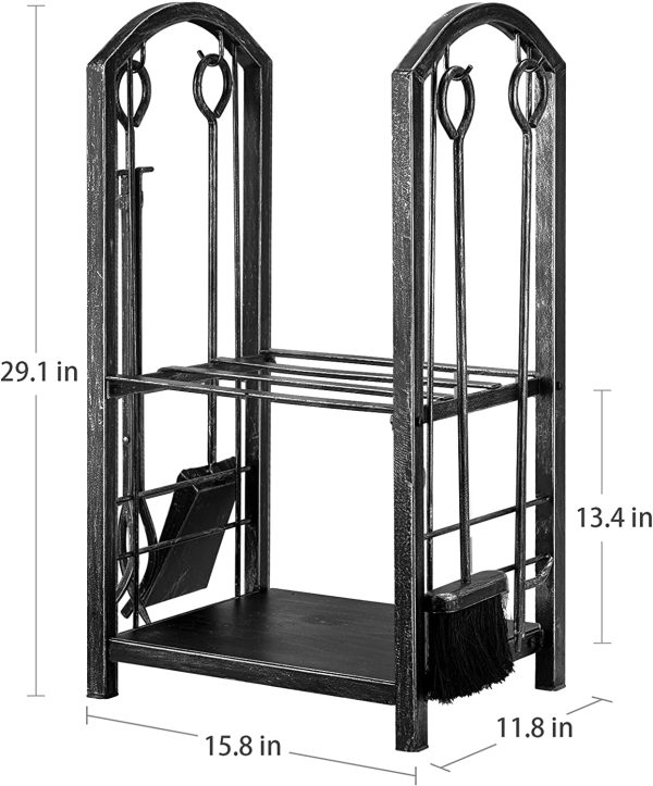 Amagabeli Cheminée Porte-bûches à bois de chauffage avec ensembles d'outils Porte-bûches d'intérieur Cheminée extérieure robuste Grandes bûches en fer forgé Accessoires de cheminée Couleur de l'étain – Image 3