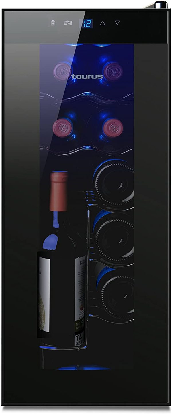 PTWC12 - Cave à Vin, 12 Bouteilles, 32 L, Stockage Vertical, Température Réglable entre 8 et 18 °C, Silencieuse, Ne Vibre Pas, Système Anti-Humidité, Lumière LED à lʼIntérieur, Noir – Image 8