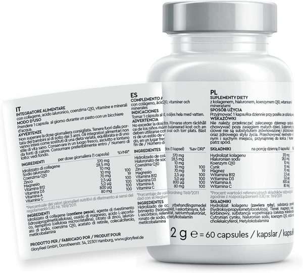 Collagène Marin + Acide Hyaluronique & Q10, Enrichi en Zinc, Magnésium, Vitamines B12, D3, A & C, 60 Capsules - Complex de Collagene Marin premium pour la Peau, les Cheveux & les Articulations – Image 2