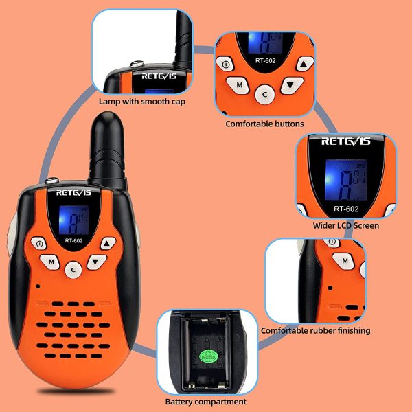 Retevis RT602 Talkie Walkie Enfant Rechargeable, avec Li-ion Batterie et Chargeur, 8 Canaux Lampe de Poche VOX, Longue Portée Jouet pour Enfant pour Activité Intérieure ou Extérieure (1 Paire, Orange) – Image 6