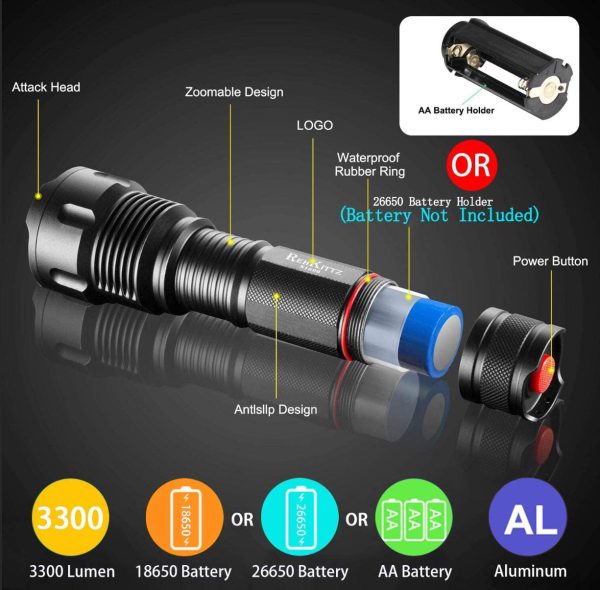 Torche Lampe de Poche LED, 3300 Lumens Lampe Torche Super Grande Lampe de Torche Militaire Tactique Ultra Puissante Ajustable Zoomable Étanche Torche, pour les Activités Extérieurs ou Bricolage – Image 6