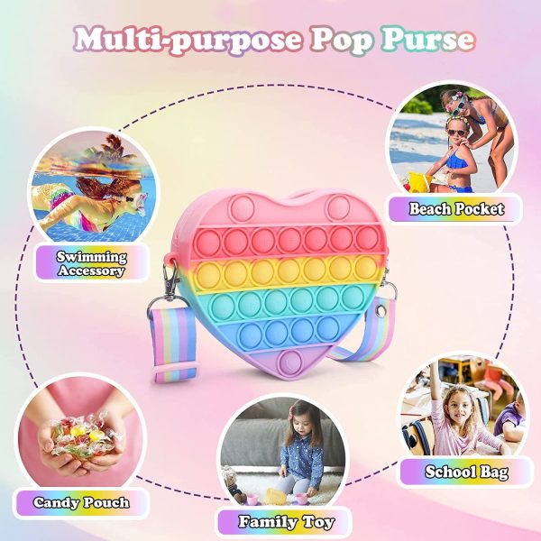 OBOVO Pop Sac It, Fidget Toy Sac Push Pop Bubble It Portefeuille à Main 2 en 1, Sac de Messager à Bandoulière Sensory Multicolore Silicone, Jouets Anti-Stress Sac à Main pour Fille et Enfants - Cœur – Image 6